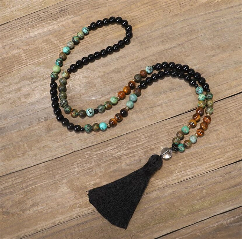 Natural Stone 6mm 108 Male Beads Necklace Obsidian Tiger Eye Turquoises Pingan Peace Buckle Pendant Tassel 7 Chakra Necklace