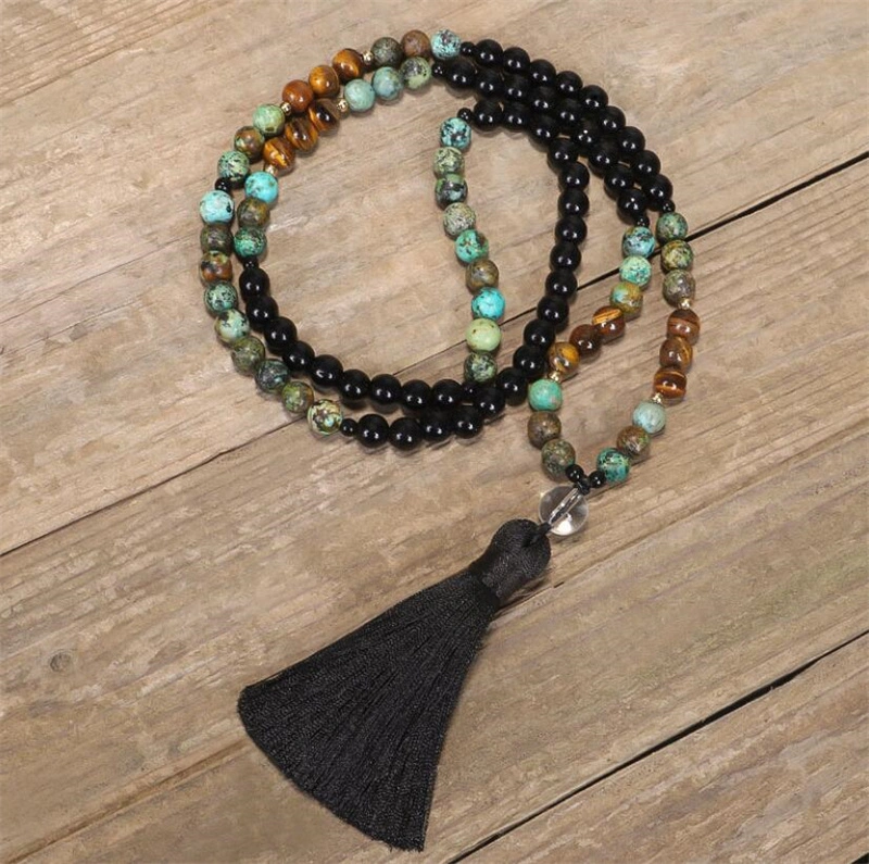 Natural Stone 6mm 108 Male Beads Necklace Obsidian Tiger Eye Turquoises Pingan Peace Buckle Pendant Tassel 7 Chakra Necklace