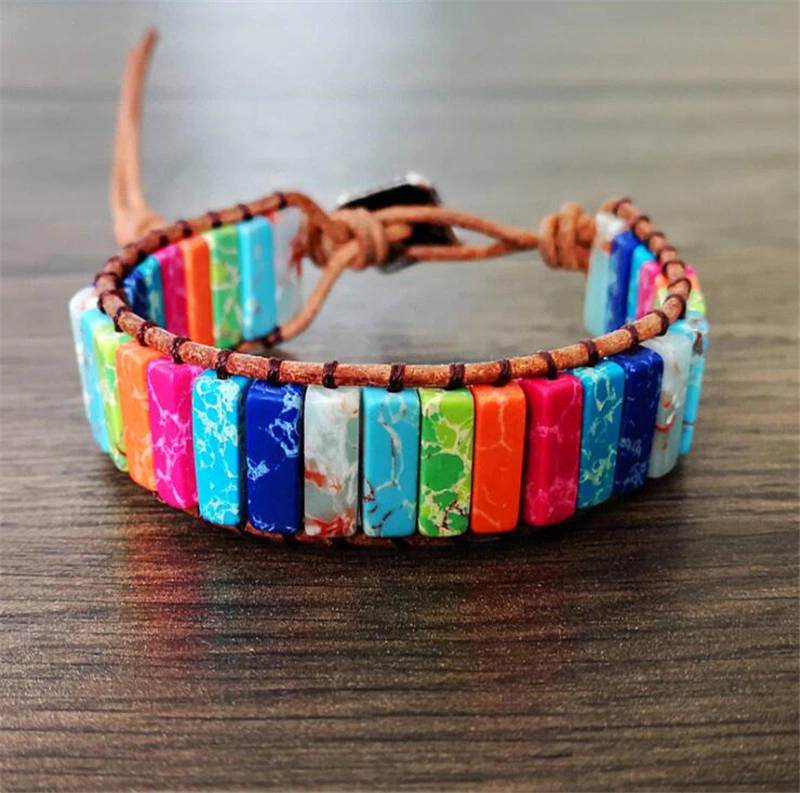 Unique Multi Color Natural Stone Tube Beads Leather Handmade Chakra Bracelets